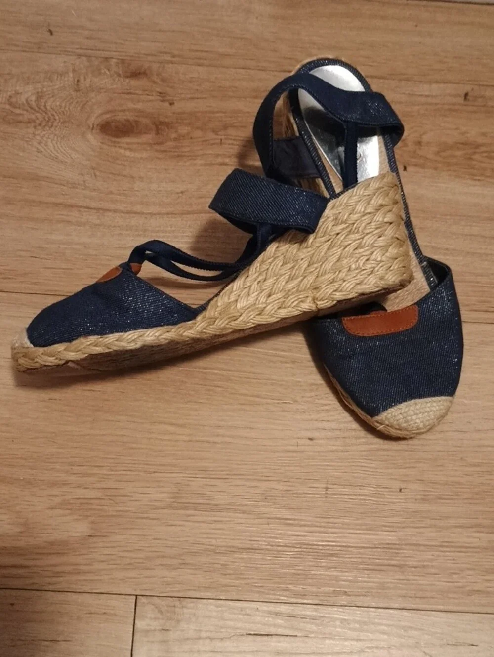 Lauren Ralph Lauren Navy Denim Espadrille Wedge Sandals with Tan Accent